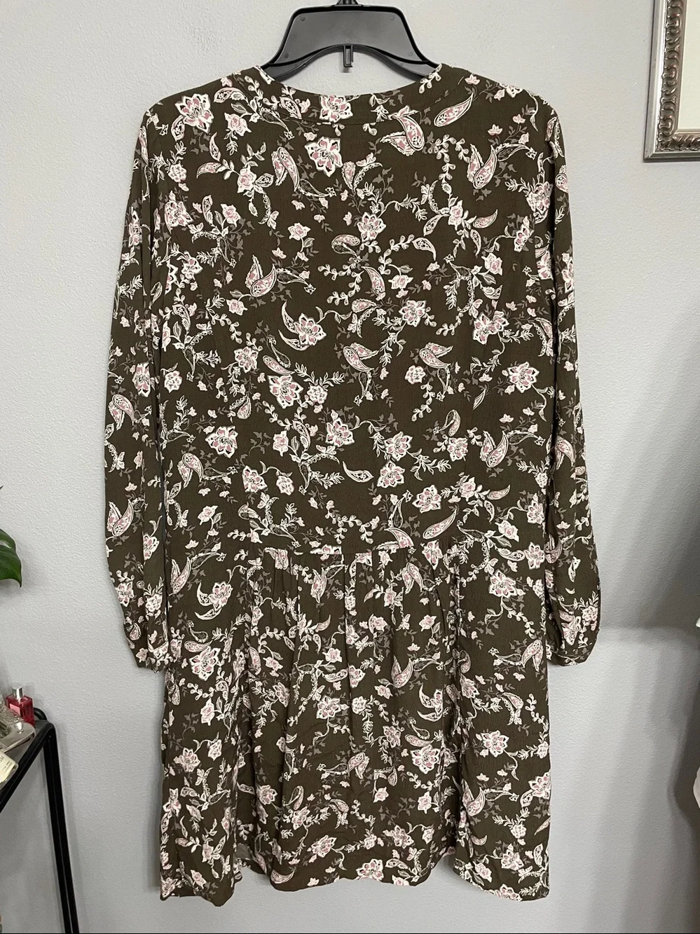 Garnet Hill Bohemian Pocket Detail Drop Waist Dress Olive Green Floral Print 8